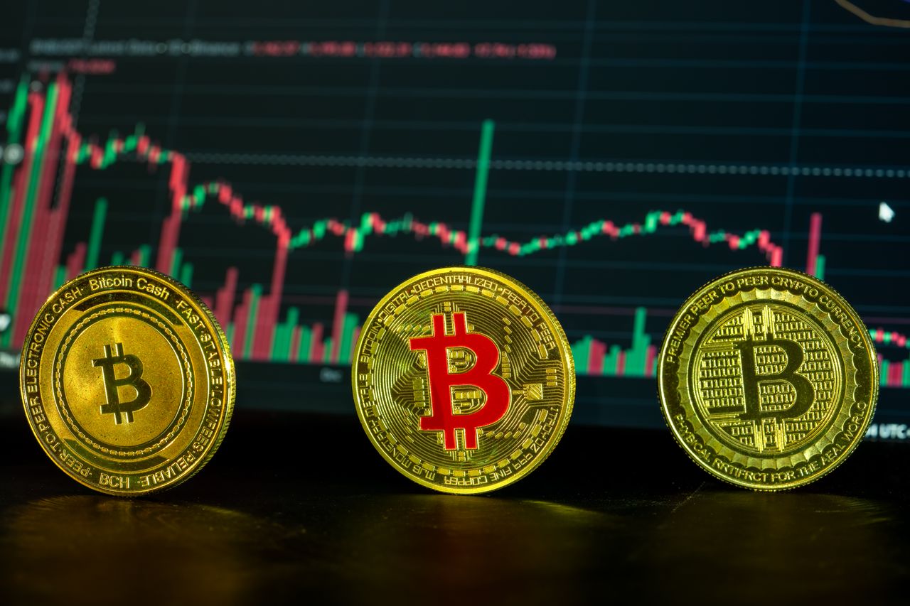 Bitcoin and other cryptocurrency coins in front of financial market graph, illustrating digital investment trends.